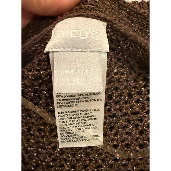 Chico's Pullover Sweater Shimmer Metalic Espresso Shoulder Detail Size 1 US Med - Picture 11 of 11